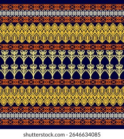 A decorative pattern featuring intricate designs in yellow, orange, and white against a dark blue background.
