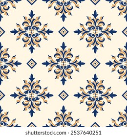 A decorative pattern featuring intricate floral designs in blue and gold on a cream background, ideal for textile or wallpaper use