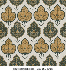 A decorative pattern featuring intricate floral motifs in rich colors of gold and green against a light background. This elegant design is perfect for textiles, wallpapers,