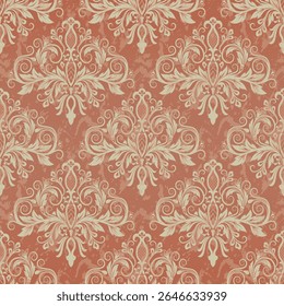 A decorative pattern featuring intricate floral designs in a warm color palette, suitable for backgrounds or textile prints.