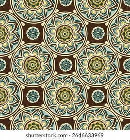 A decorative pattern featuring intricate floral designs in circular motifs with a harmonious color palette.