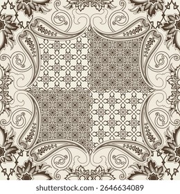A decorative pattern featuring intricate floral and geometric designs in a symmetrical layout.