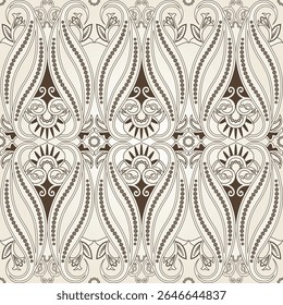 Um padrão decorativo com intrincados desenhos florais e em espiral em um layout simétrico, adequado para papel de parede ou têxteis.