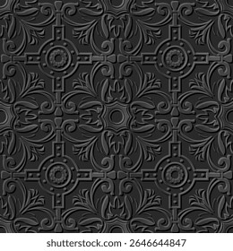 Um padrão decorativo com intrincados desenhos florais e circulares em tons de cinza, adequado para fundos ou têxteis.