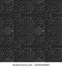Um padrão decorativo com intrincados desenhos florais e geométricos em um esquema de cores monocromático.