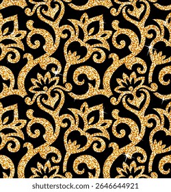 Um padrão decorativo com intrincados desenhos florais e em espiral em ouro sobre um fundo preto.