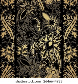 Um padrão decorativo com intrincados desenhos florais em ouro sobre um fundo preto, adequado para têxteis ou papéis de parede.