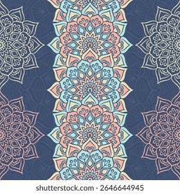 Um padrão decorativo com intrincados desenhos florais em cores suaves contra um fundo escuro, ideal para têxteis ou papéis de parede.