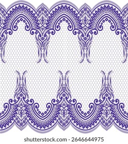 A decorative pattern featuring intricate lace designs in purple against a white background, ideal for textiles or graphic design.