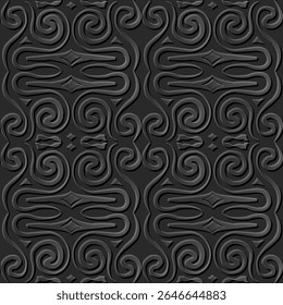 A decorative pattern featuring intricate swirls and curves in a dark color scheme, suitable for backgrounds or textiles.