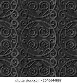 Um padrão decorativo com espirais intrincados e motivos florais em um esquema de cores monocromático.