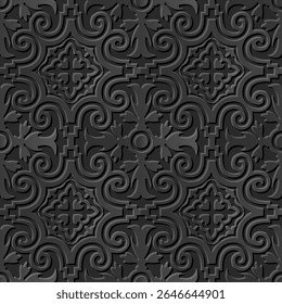 Um padrão decorativo com espirais intrincados e formas geométricas em tons escuros, adequado para fundos ou têxteis.