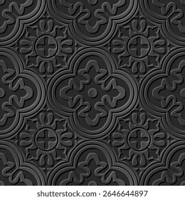 Um padrão decorativo com desenhos intrincados e simétricos em tons de cinza, adequado para fundos ou desenhos têxteis.