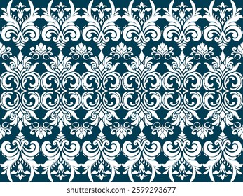 A decorative pattern featuring intricate white floral and scroll designs on a dark teal background.