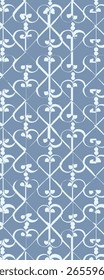 A decorative pattern featuring intricate white designs on a blue background, suitable for wallpapers or textiles.