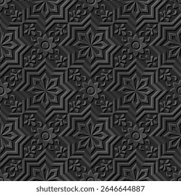 A decorative pattern featuring layered floral and geometric designs in shades of gray.