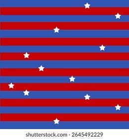 Padrão decorativo com listras vermelhas, brancas e azuis intercaladas com pequenas estrelas brancas, simbolizando patriotismo e celebração com um estilo limpo e minimalista.