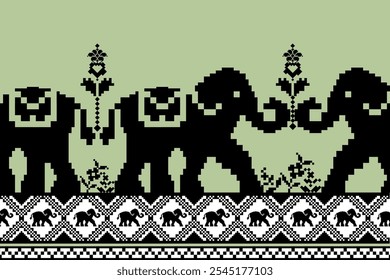 decorative pattern featuring stylized elephants in black against light green background, showcasing intricate designs and floral elements. elephants are arranged in repeating motif, creating visually.