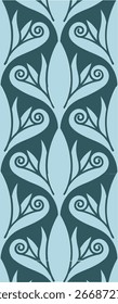 A decorative pattern featuring swirling leaves and spirals in a blue and dark green color scheme.