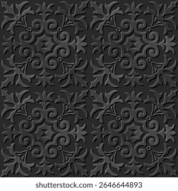 A decorative pattern featuring swirling motifs and floral elements in a symmetrical arrangement.