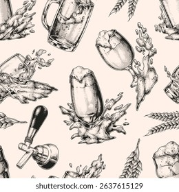 Decorative pattern featuring various beer glasses and splashes set against a light background. The design captures the vibrant energy of a festive beer celebration perfect for gatherings and events.