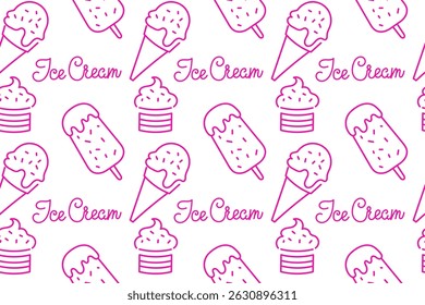 Decorative pattern featuring various ice cream designs in pink and white colors
