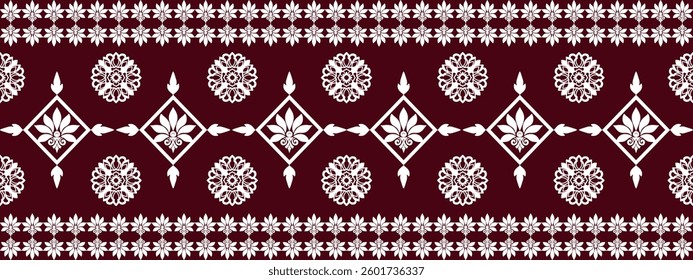 A decorative pattern featuring white floral motifs and geometric shapes on a rich burgundy background, ideal for textile or wallpaper design.