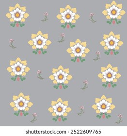 A decorative pattern featuring yellow and white flowers on a soft gray background, surrounded by small floral accents