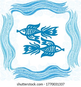 Decorative pattern fishes and sea frame. Vector illustration