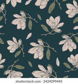 Decorative pattern of flowers, leaves and branches of magnolia. Vector illustration. For nature, eco and design. Hand-painted plants for fabrics, packaging.