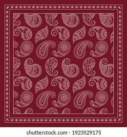 Decorative pattern of flowers and paisley for printing on fabric. Red ornament for a bandana, a silk neckerchief, a tablecloth or a kerchief. Square sketch in tribal or oriental style.