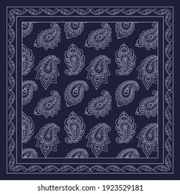 Decorative pattern of flowers and paisley for printing on fabric. Blue ornament for a bandana, a silk neckerchief, a tablecloth or a kerchief. Square sketch in tribal or oriental style.