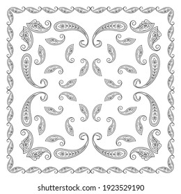 Decorative pattern of flowers and paisley for printing on fabric. Ornament for a bandana, a silk neckerchief, a tablecloth or a kerchief. Square sketch in tribal or oriental style.