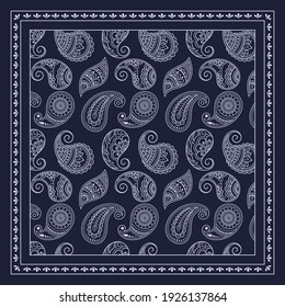 Decorative pattern of flowers and paisley for printing on fabric. Blue ornament for a bandana, a silk neckerchief, a tablecloth or a kerchief. Square sketch in tribal or oriental style.