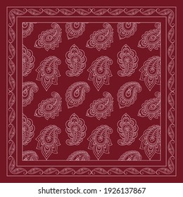 Patrón decorativo de flores y paisajes para imprimir en tela. Ornamento rojo para una bandana, un pañuelo de seda, un mantel o un pañuelo. Esbozo cuadrado de estilo tribal u oriental.
