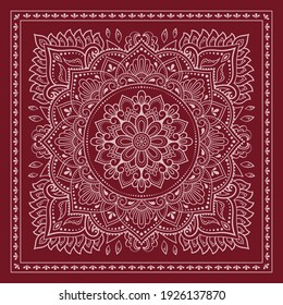 Decorative pattern of flowers and paisley for printing on fabric. Red ornament for a bandana, a silk neckerchief, a tablecloth or a kerchief. Square sketch in tribal or oriental style.