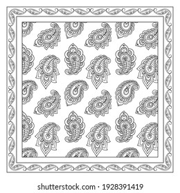 Patrón decorativo de flores y paisajes para imprimir en tela. Ornamento para una bandana, un pañuelo de seda, un mantel o un pañuelo. Esbozo cuadrado de estilo tribal u oriental.