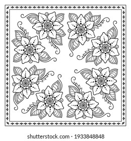 Decorative pattern of flowers and paisley for printing on fabric. Ornament for a bandana, a silk neckerchief, a tablecloth or a kerchief. Square sketch in tribal or oriental style.