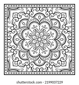 Decorative pattern of flowers and paisley for printing on fabric. Ornament for a bandana, a silk neckerchief, a tablecloth or a kerchief. Square sketch in tribal or oriental style.