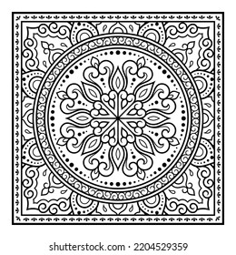 Patrón decorativo de flores y paisajes para imprimir en tela. Ornamento para una bandana, un pañuelo de seda, un mantel o un pañuelo. Esbozo cuadrado de estilo tribal u oriental.