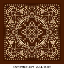 Decorative pattern of flowers and paisley for printing on fabric. Ornament for a bandana, a silk neckerchief, a tablecloth or a kerchief. Square sketch in tribal or oriental style.