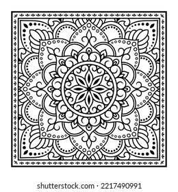 Decorative pattern of flowers and paisley for printing on fabric. Ornament for a bandana, a silk neckerchief, a tablecloth or a kerchief. Square sketch in tribal or oriental style.
