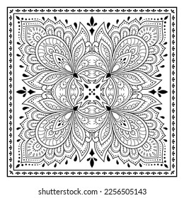 Decorative pattern of flowers and paisley for printing on fabric. Ornament for a bandana, a silk neckerchief, a tablecloth or a kerchief. Square sketch in tribal or oriental style.