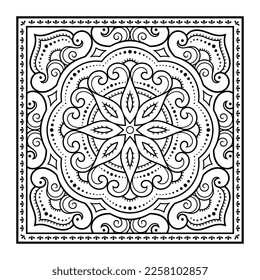 Decorative pattern of flowers and paisley for printing on fabric. Ornament for a bandana, a silk neckerchief, a tablecloth or a kerchief. Square sketch in tribal or oriental style.