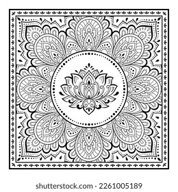 Patrón decorativo de flores y paisajes para imprimir en tela. Ornamento para una bandana, un pañuelo de seda, un mantel o un pañuelo. Esbozo cuadrado de estilo tribal u oriental.