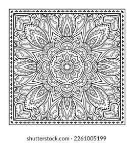 Dekorative Muster von Blumen und Pisley für den Druck auf Stoff. Ornament für eine Bandana, ein Seidennekkerchel, ein Tischdecken oder ein Kerochester. Quadratische Skizze im Stamm- oder orientalischen Stil.