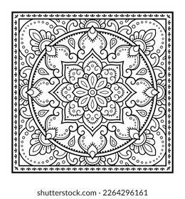 Dekorative Muster von Blumen und Pisley für den Druck auf Stoff. Ornament für eine Bandana, ein Seidennekkerchel, ein Tischdecken oder ein Kerochester. Quadratische Skizze im Stamm- oder orientalischen Stil.