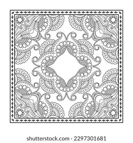 Dekorative Muster von Blumen und Pisley für den Druck auf Stoff. Ornament für eine Bandana, ein Seidennekkerchel, ein Tischdecken oder ein Kerochester. Quadratische Skizze im Stamm- oder orientalischen Stil.