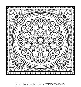 Decorative pattern of flowers and paisley for printing on fabric. Ornament for a bandana, a silk neckerchief, a tablecloth or a kerchief. Square sketch in tribal or oriental style.