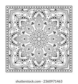 Patrón decorativo de flores y paisajes para imprimir en tela. Ornamento para una bandana, un pañuelo de seda, un mantel o un pañuelo. Esbozo cuadrado de estilo tribal u oriental.
